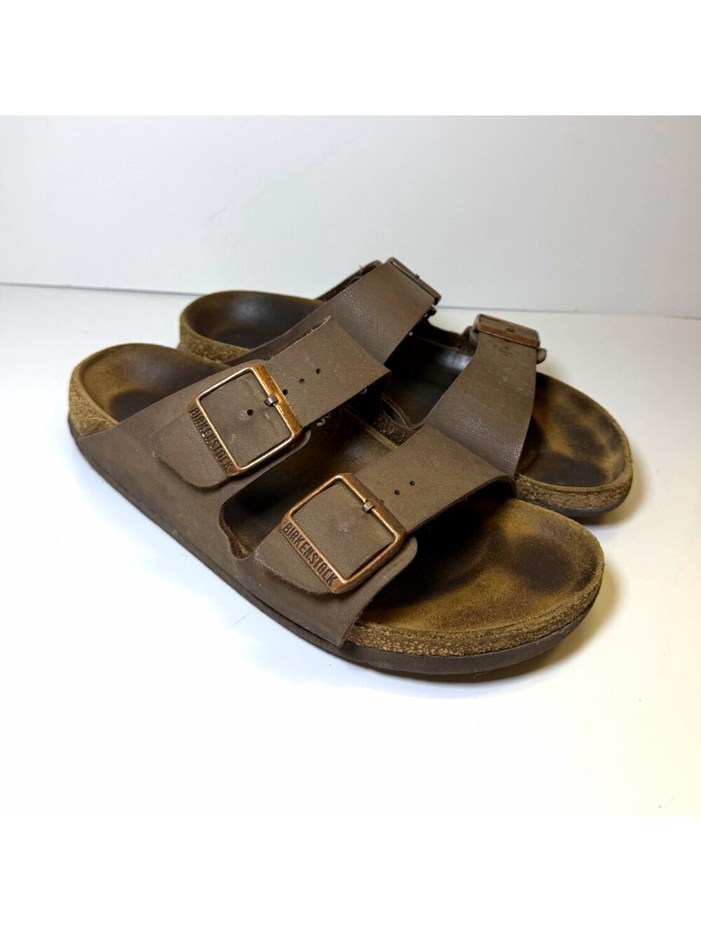 Size 10 Birkenstock Arizona Men's Brown Leather 2-Strap Buckle Slide Sandals